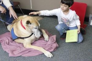 Third grader pets Lilo after reading his book.