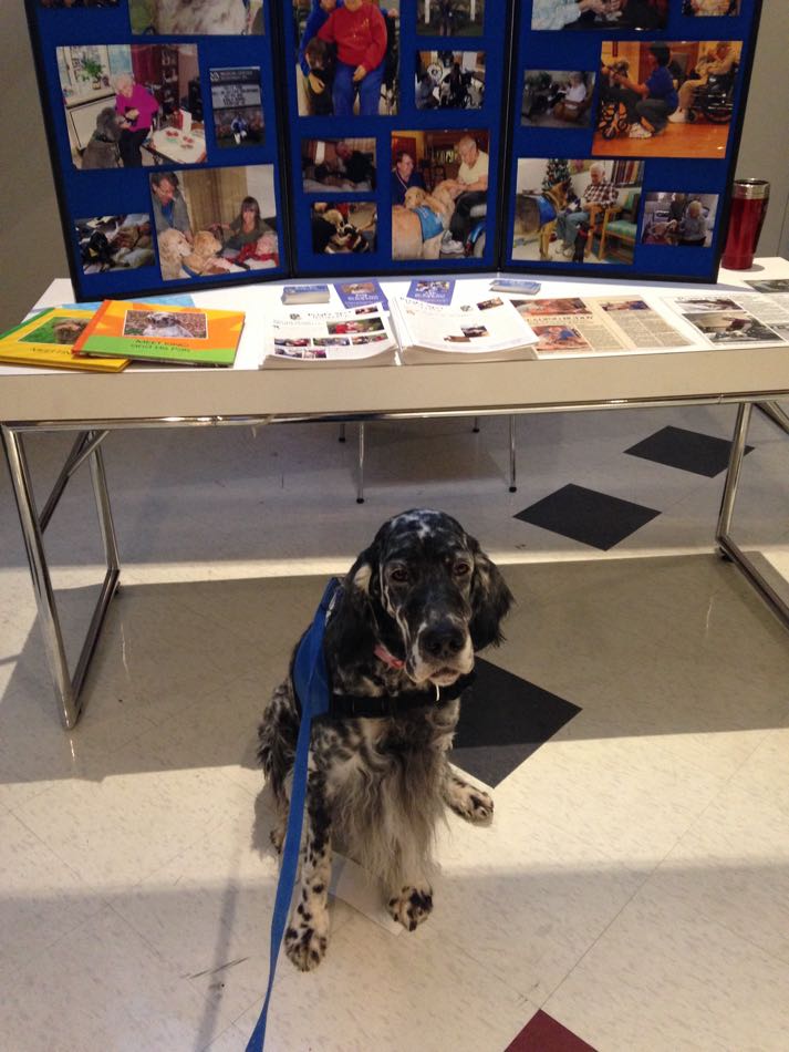 Lily waiting to greet people in front of our Bright Spot information booth. 