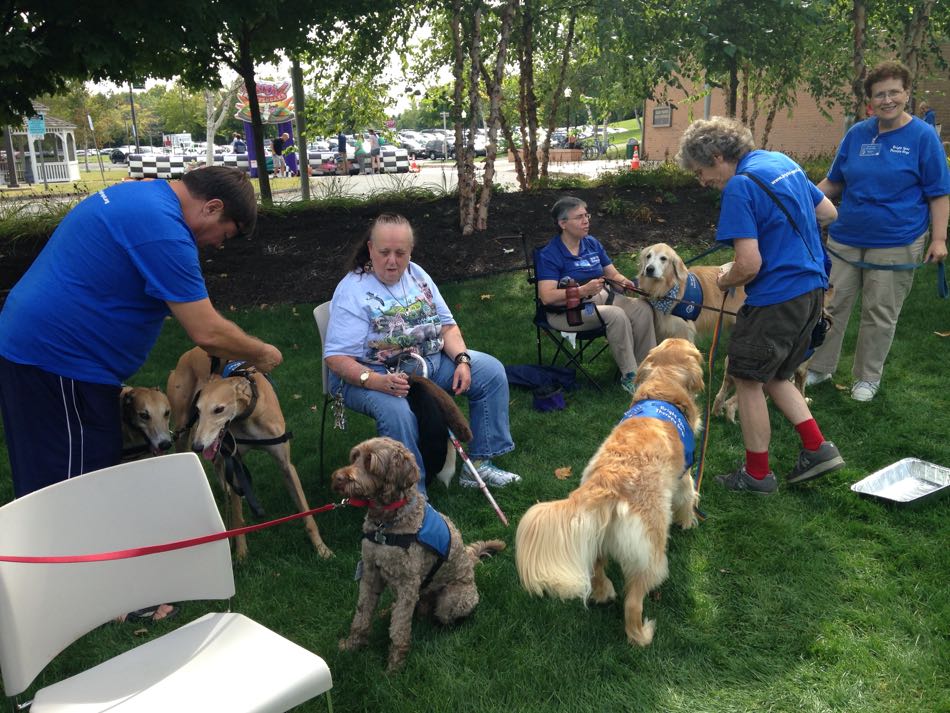 A group of Bright Spot Therapy Dogs gathered under a large shade tree. 