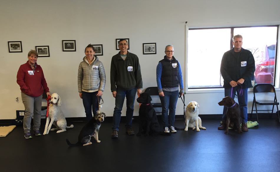 Five handlers and their dogs pose for a class photo after completing our therapy dog training class.