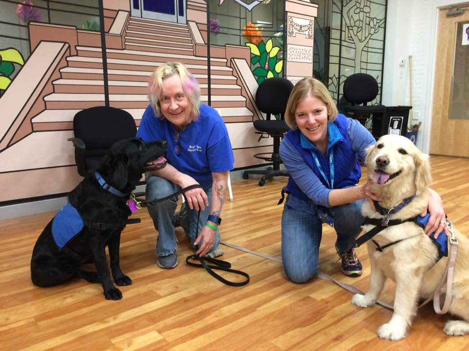 Two dogs sitting on the floor with two women kneeling next to them.